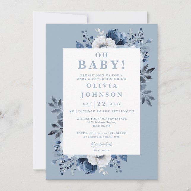 Oh Baby Dusty Blue Elegant Blommigt Baby Shower Inbjudningar (Framsida)