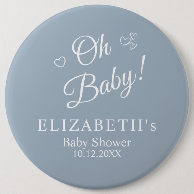 "Oh Baby" Dusty Blue Modern Minimalist Baby Shower Knapp (Framsida)