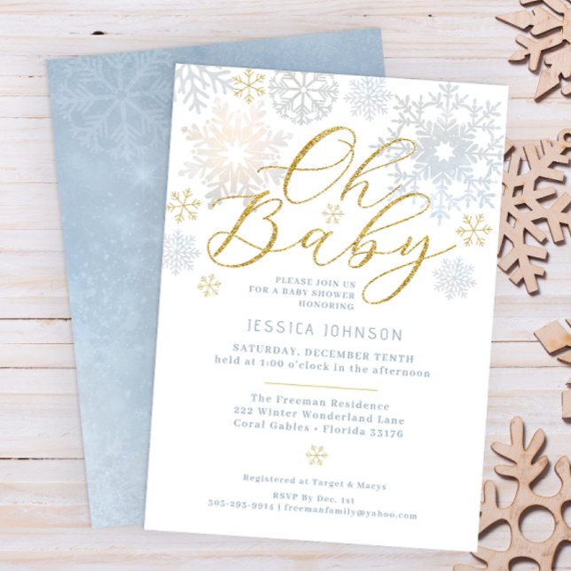 Oh Baby Dusty Blue Snowflake Shower Inbjudan (Oh Baby Winter Wonderland Baby Shower Invitation - Dusty Blue & Glitter Gold)