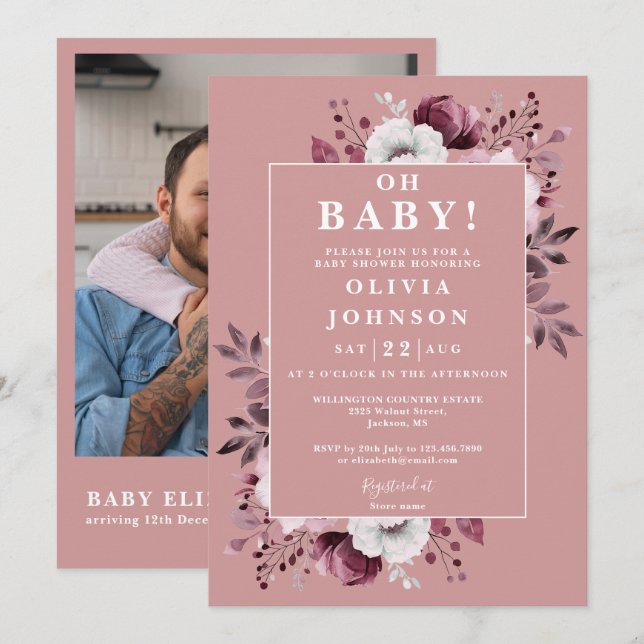 Oh Baby Dusty Ro Blommigt Photo QR Baby Shower Inbjudningar (Fram/baksida)