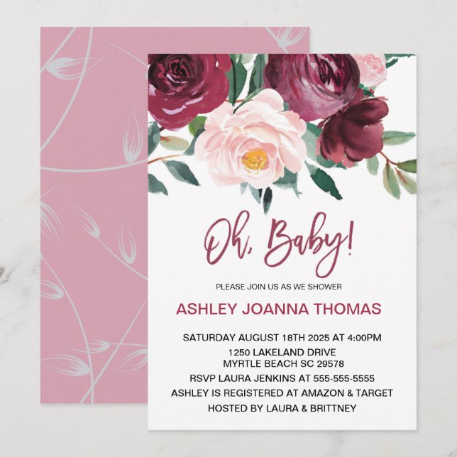Oh Baby Elegant Burgundy Flowers Baby Shower Inbjudningar (Fram/baksida)