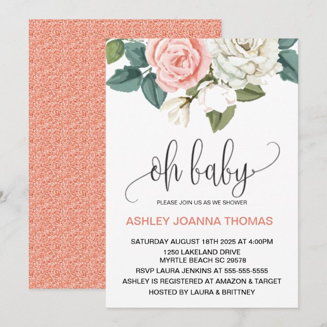 Oh Baby Elegant Coral Flowers Baby Shower Inbjudningar (Fram/baksida)