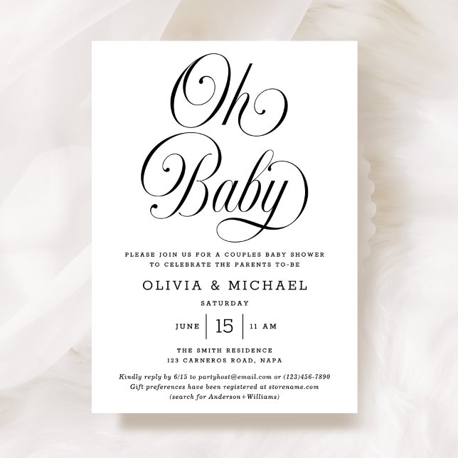 Oh Baby Elegant Script B&W Neutral Baby Shower Inbjudningar (Skapare uppladdad)