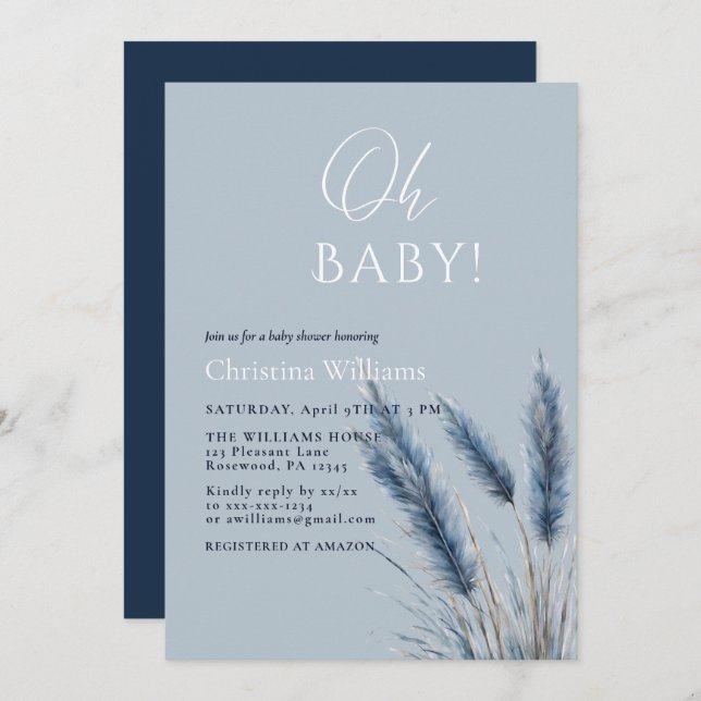 Oh Baby Elegant Script Blue Pampas Baby Shower Inbjudningar (Fram/baksida)