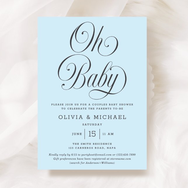 Oh Baby Elegant Script Ljusblå Pojk Bebis Shower Inbjudningar (Skapare uppladdad)