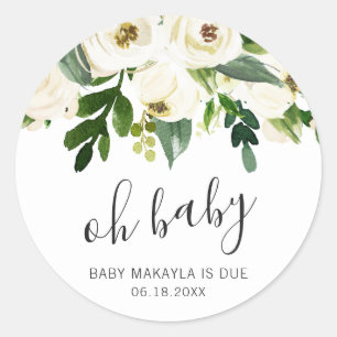 Oh Baby Elegant White Blommigt Girl Baby Shower Runt Klistermärke