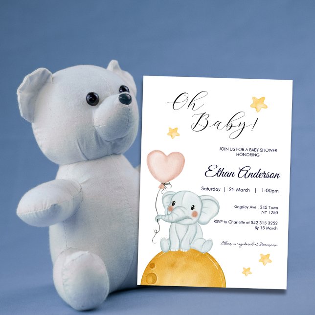Oh Baby Elephant Balloon Baby Shower-inbjudan Inbjudningar (Oh Baby Elephant Balloon Baby Shower Invite)