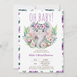 Oh Baby Elephant med Lila blommor Modern Shower Inbjudningar