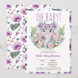 Oh Baby Elephant med Lila blommor Modern Shower Inbjudningar
