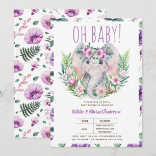 Oh Baby Elephant med Lila blommor Modern Shower Inbjudningar