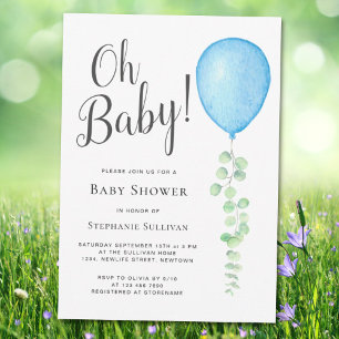Oh Baby Eucalyptus Blue Balloon Baby Shower Inbjudningar