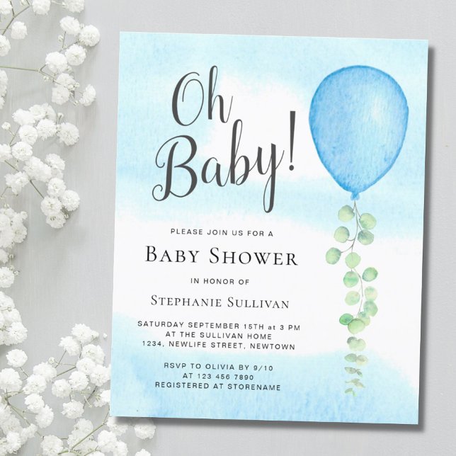 Oh Baby Eucalyptus Blue Balloon Baby Shower Inbjudningar (Skapare uppladdad)