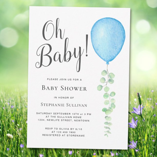 Oh Baby Eucalyptus Blue Balloon Baby Shower Inbjudningar (Skapare uppladdad)