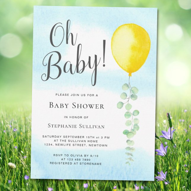 Oh Baby Eucalyptus Gult Balloon Baby Shower Inbjudningar (Skapare uppladdad)