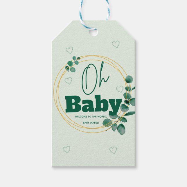 Oh Baby Eucalyptus Leaves  Baby Shower Presentetikett (Framsidan)