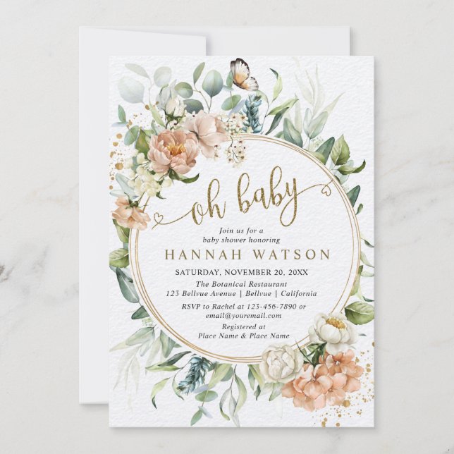 Oh Baby Eucalyptus  Rosa ros Baby Shower Inbjudningar (Framsida)