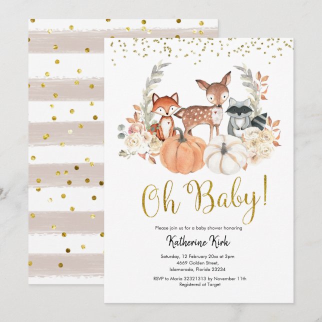 Oh Baby Fall Woodland Pumpkin Baby Shower Inbjudningar (Fram/baksida)