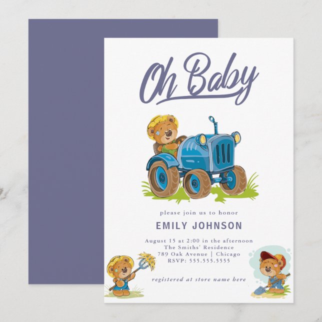 Oh Baby Farm Tractor Baby Shower-inbjudan Inbjudningar (Fram/baksida)