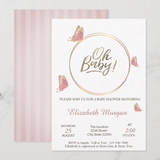 Oh Baby Fjärilar Randig Baby Shower   Inbjudningar (Fram/baksida)