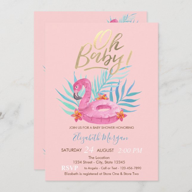 Oh Baby Flamingo Baby Shower Inbjudningar (Fram/baksida)