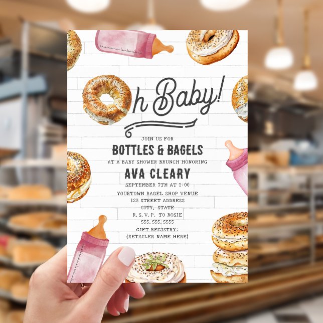 Oh Baby Flaskor & Bagels Rosa Baby Shower Brunch Inbjudningar (Skapare uppladdad)