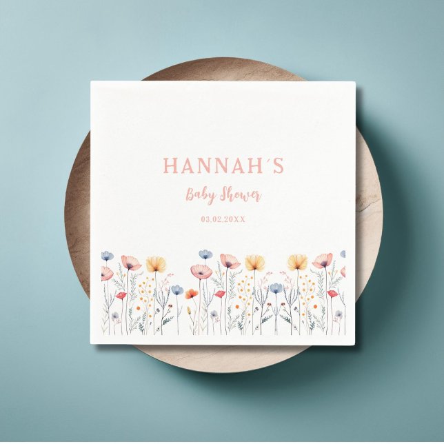 OH BABY! Fresh Wildblomma | Vitt babyskor Pappersservett (OH BABY! Fresh Wildflower | White Baby Shower Napkins with your name and date.)