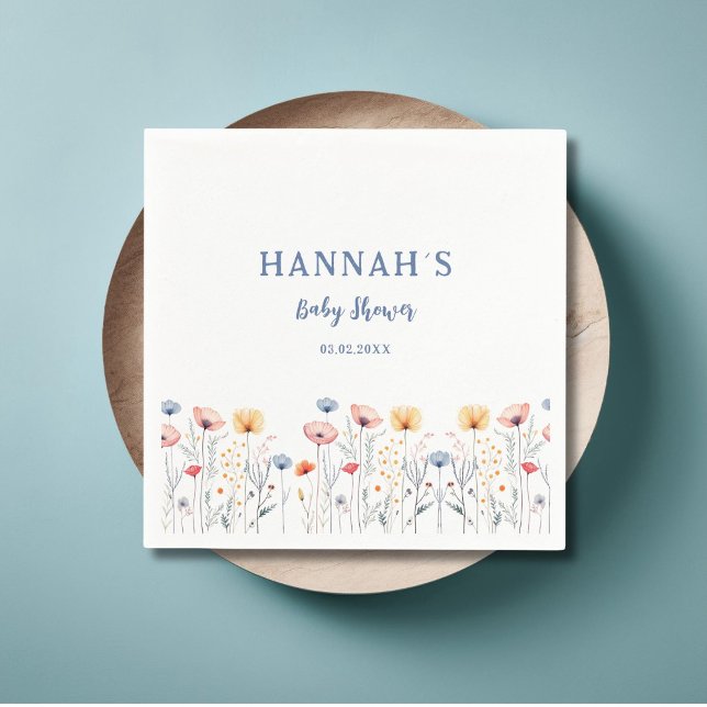 OH BABY! Fresh Wildblomma | Vitt babyskor Pappersservett (OH BABY! Fresh Wildflower | White Baby Shower Napkins with your name and date.)