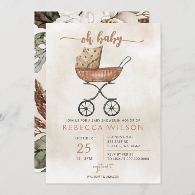 Oh Baby Gender Neutral Pram Boho Baby Shower Inbjudningar (Fram/baksida)