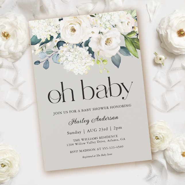 Oh Baby Gender Neutral White Blommigt Baby Shower Inbjudningar (Skapare uppladdad)