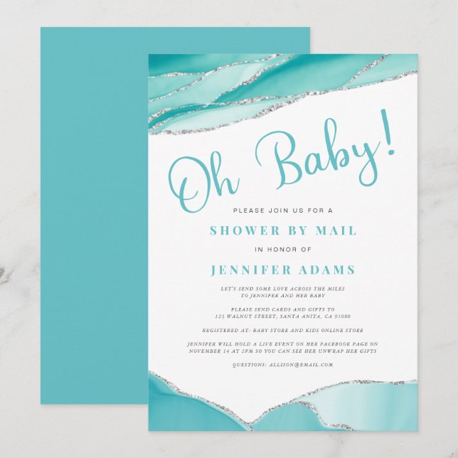 Oh Baby Geode Shower by Mail Teal Silver Inbjudningar (Fram/baksida)