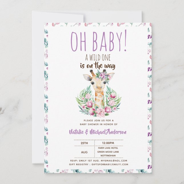 Oh Baby Giraffe A Vild 1 Safari Animal Blommigt Inbjudningar (Framsida)