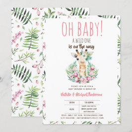 Oh Baby Giraffe A Vild 1 Safari Animal Blommigt Inbjudningar