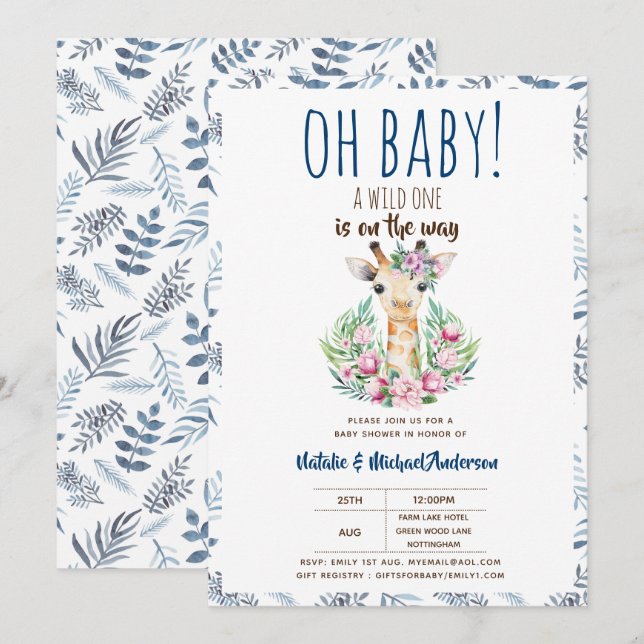 Oh Baby Giraffe A Vild 1 Safari Animal Blommigt Inbjudningar (Fram/baksida)