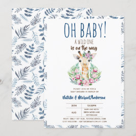 Oh Baby Giraffe A Vild 1 Safari Animal Blommigt Inbjudningar