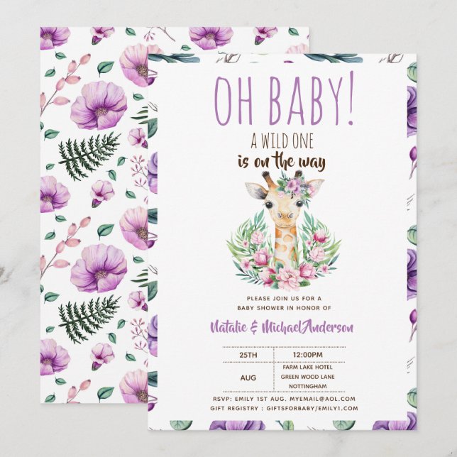 Oh Baby Giraffe A Vild 1 Safari Animal Blommigt Inbjudningar (Fram/baksida)