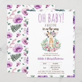 Oh Baby Giraffe A Vild 1 Safari Animal Blommigt Inbjudningar