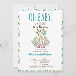 Oh Baby Giraffe A Vild 1 Safari Animal Blommigt Inbjudningar