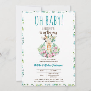 Oh Baby Giraffe A Vild 1 Safari Animal Blommigt Inbjudningar