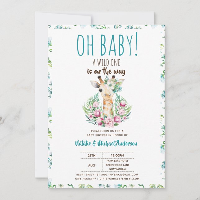 Oh Baby Giraffe A Vild 1 Safari Animal Blommigt Inbjudningar (Framsida)