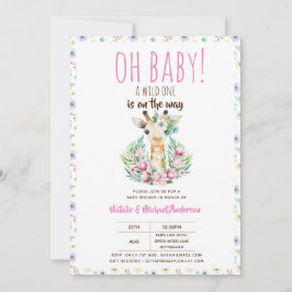Oh Baby Giraffe A Vild 1 Safari Animal Blommigt Inbjudningar