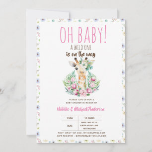 Oh Baby Giraffe A Vild 1 Safari Animal Blommigt Inbjudningar