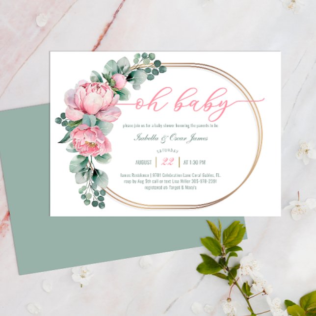 Oh Baby Greenery and Rosa Blommigt Girl Baby Showe Inbjudningar (Oh Baby Shower Invite)