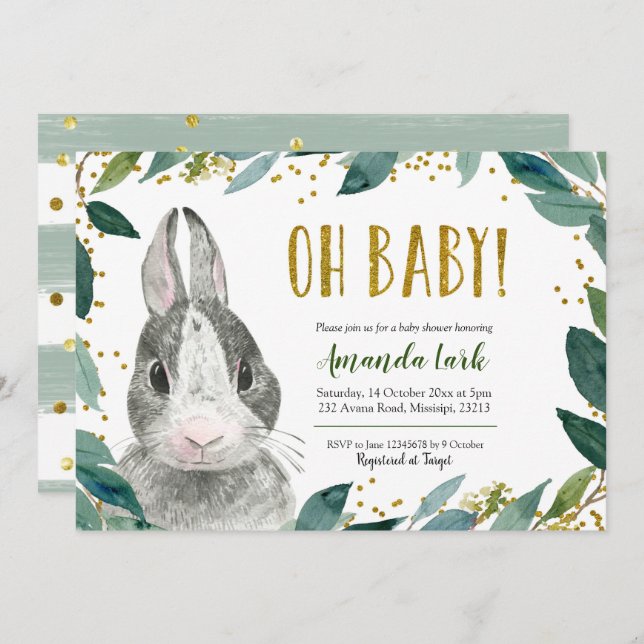 Oh Baby Greenery Bunny Baby Shower-inbjudan Inbjudningar (Fram/baksida)