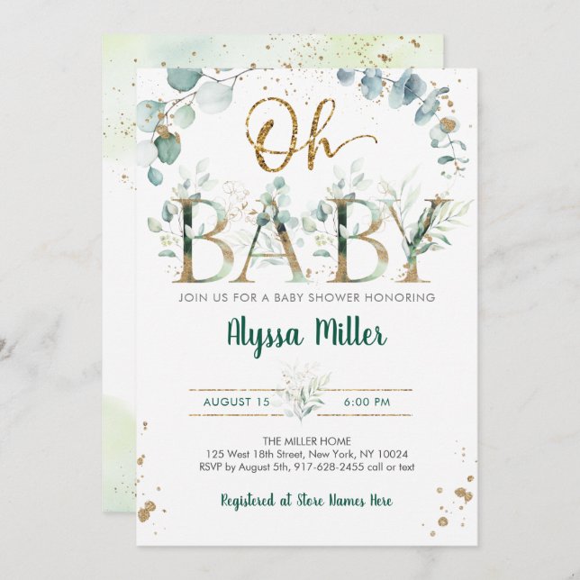 Oh Baby Greenery Eucalyptus Baby Shower Inbjudningar (Fram/baksida)