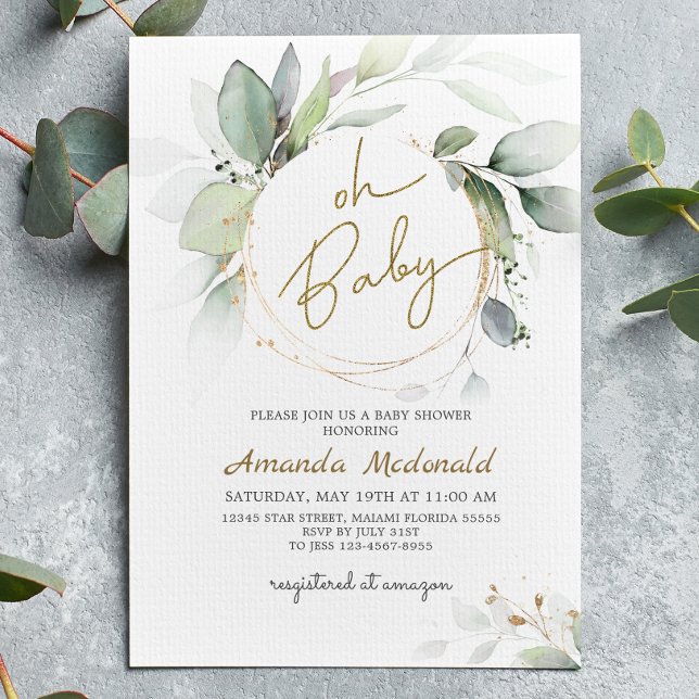 Oh Baby Greenery Guld Foliage Eucalyptus Invatio Inbjudningar (Skapare uppladdad)