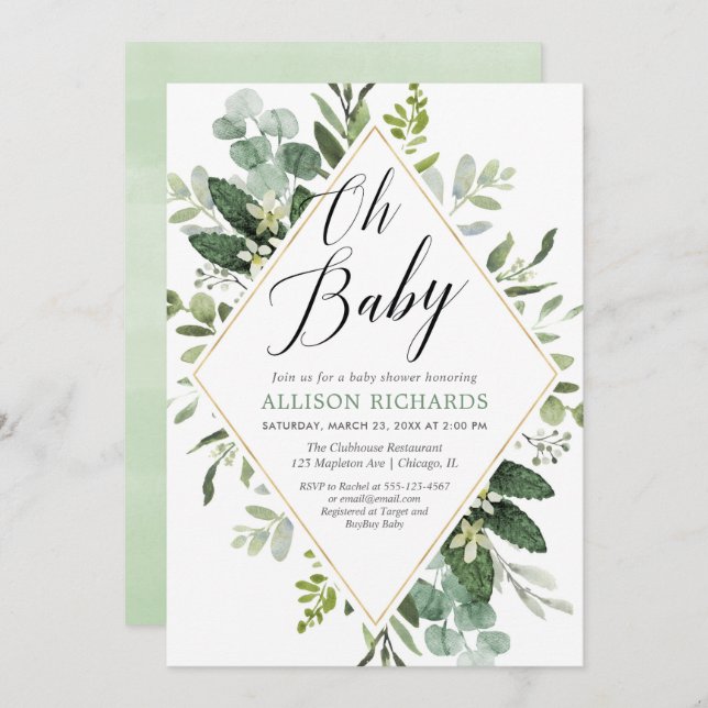 Oh baby Greenery guld könsneutrala babydusch Inbjudningar (Fram/baksida)