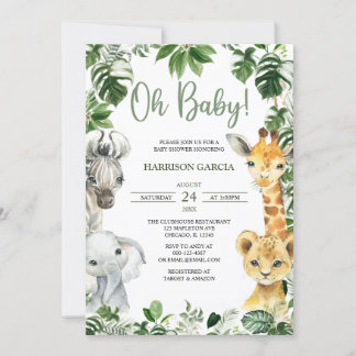 Oh Baby Greenery Jungle Safari Animals Baby Shower Inbjudningar