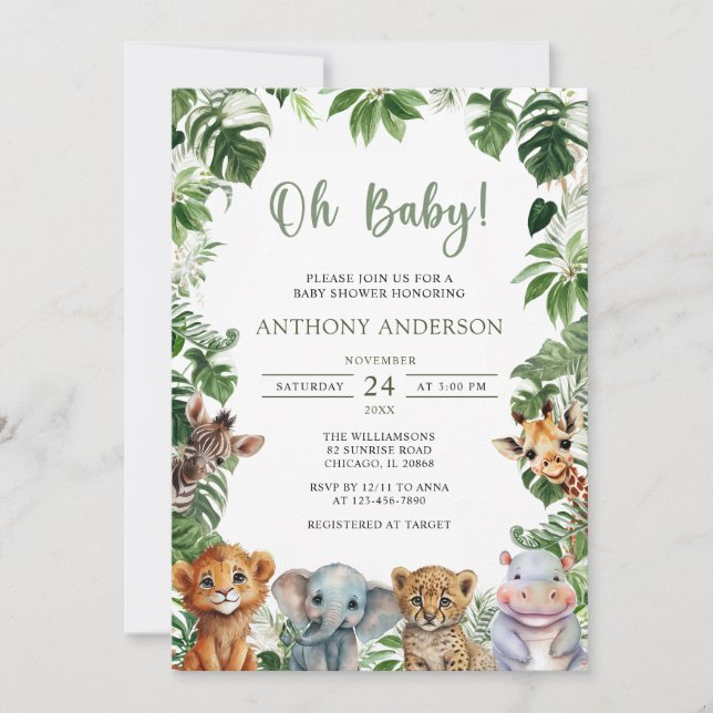 Oh Baby Greenery Jungle Safari Animals Baby Shower Inbjudningar (Framsida)