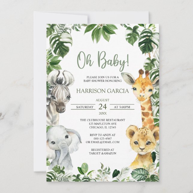 Oh Baby Greenery Jungle Safari Animals Baby Shower Inbjudningar (Framsida)