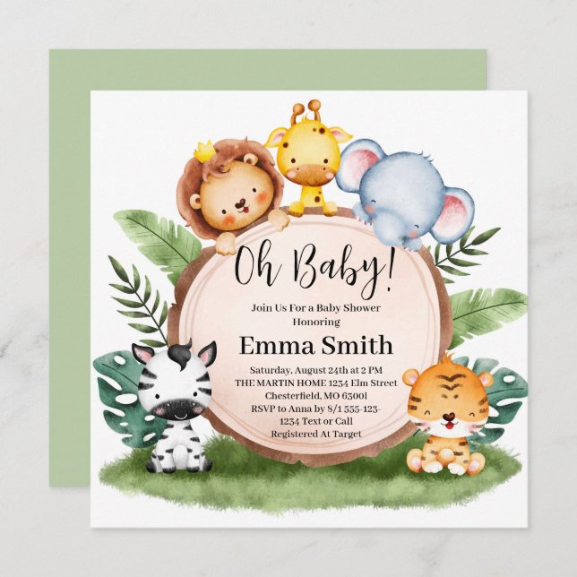 Oh Baby Greenery Jungle Safari Animals Baby Shower Inbjudningar (Fram/baksida)